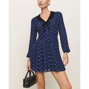 Reformation Tamia Dress Navy Polka Dot Dress with Black Collar NEW